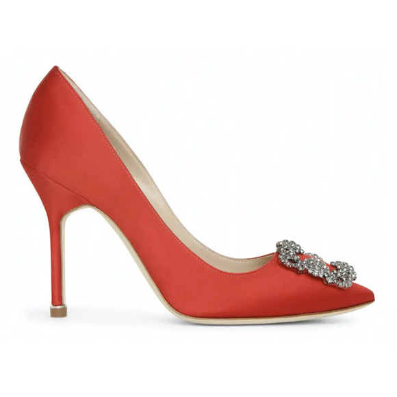 Manolo Blahnik Hangisi 105 Rosso Red Satin Crystal Jewel Buckle Heel Pump 36.5 - Picture 1 of 12
